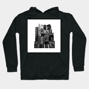 Tower of different size music speakers. Hoodie